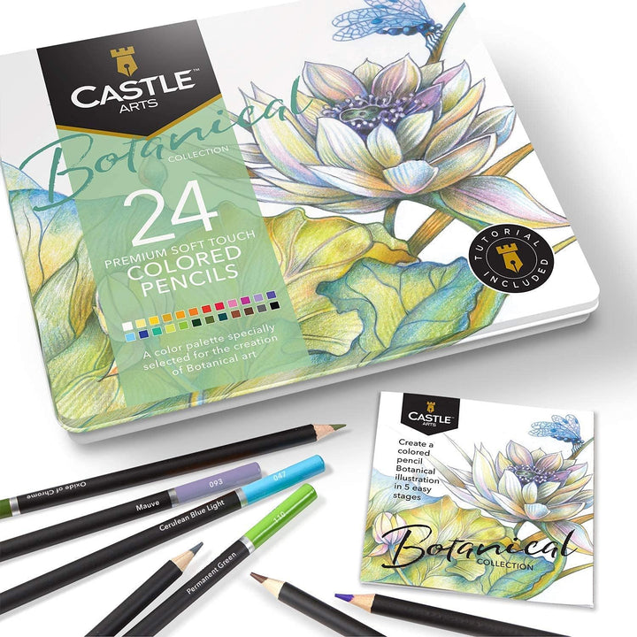 24 Pièces Crayons De Couleur Botaniques Étain & Carnets De Croquis Lot d'artistes