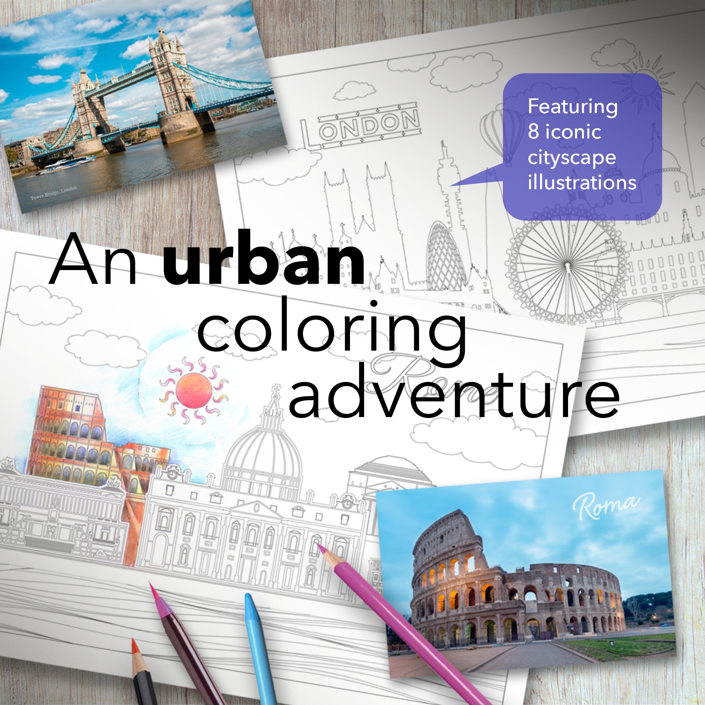 Libro da colorare stampabile di paesaggi urbani panoramici [Download digitale]