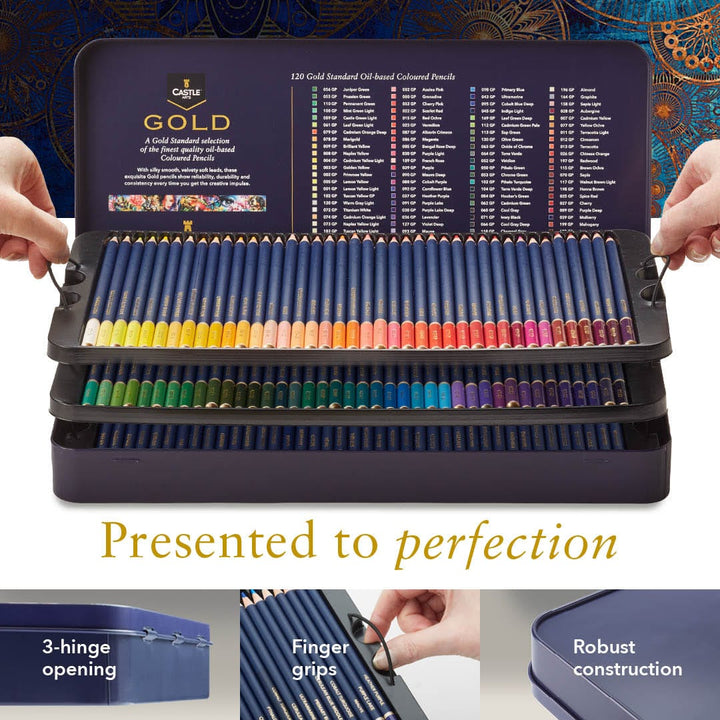120 Pièces Crayons De Couleur Castle Gold Dans Un Étui À Étain D'affichage