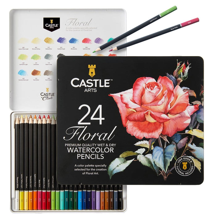 24 Pièces Crayons Aquarelle Botaniques Floraux Dans Un Étui À Étain D'affichage